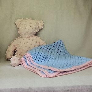 Vintage Hand made pastel pink chenille bear with crocheted blanket